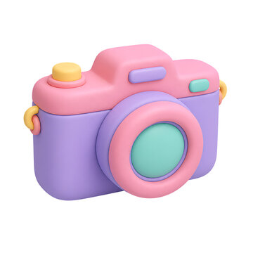 Cute pastel 3d toy camera icon in pink and purple isolated on white background