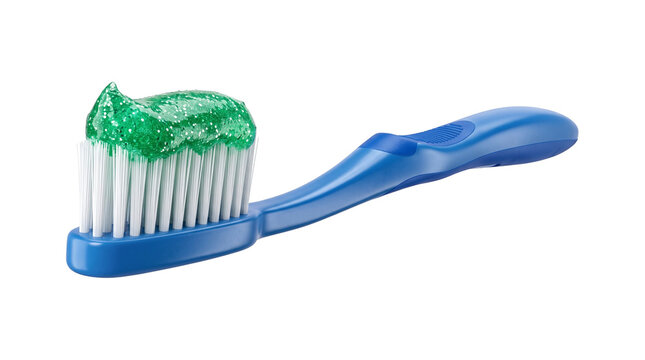 Blue plastic toothbrush with squeezed green sparkly toothpaste gel for oral hygiene and dental care ads.