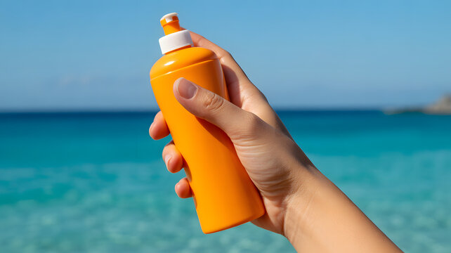 Orange sunscreen spray bottle held in hand against a tropical beach background