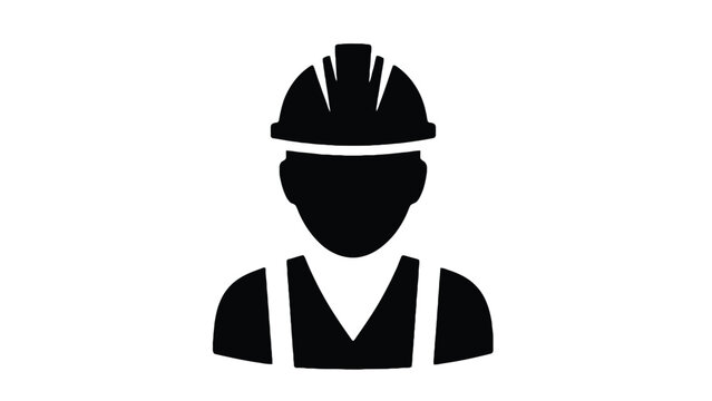 Minimalist black silhouette of a construction worker wearing a safety hard hat, isolated on white builder