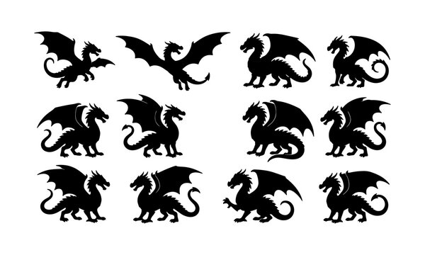 Set of black dragon silhouettes in various poses isolated on a white background