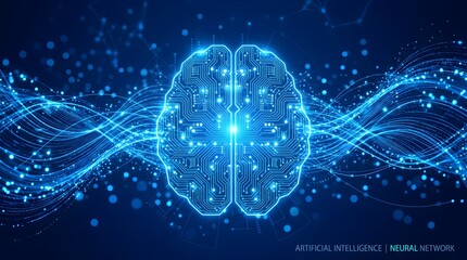 Fototapeta premium Symmetrical digital circuit board brain illuminated with bright center core, surrounded by flowing blue wave particle fields for AI and machine learning concepts.