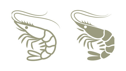 Fototapeta premium Shrimp icon collection, line and solid black vector style, seafood, crustacean, marine animal, shellfish, aquatic food, illustration