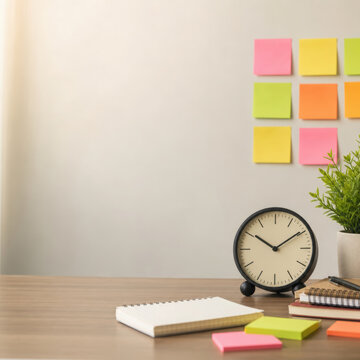 Office desk still life with alarm clock, notebook, colorful sticky note, and plant creating organized workspace atmosphere