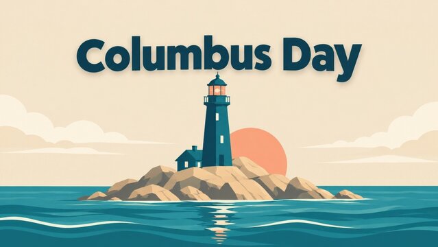 Colorful columbus day illustration with lighthouse and sunset over ocean
