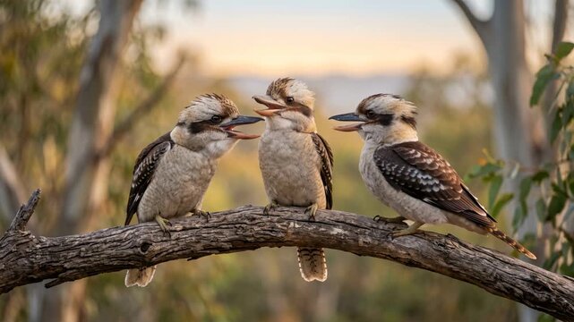 three laughing kookaburras close up at morning light in royal national park new south wales australia video