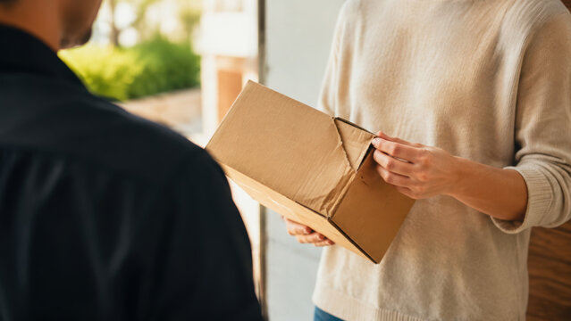 Damaged package inspection during doorstep delivery with concerned customer examining torn cardboard box