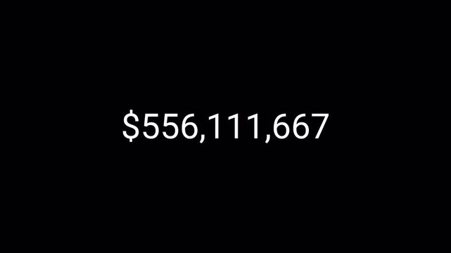 dollar number counter animation 0 to 1,000,000,000 with alpha channel, dollar counter upto one billion with dollar sign black background, animated $1,000,000,000 dollar , USD counting number animation