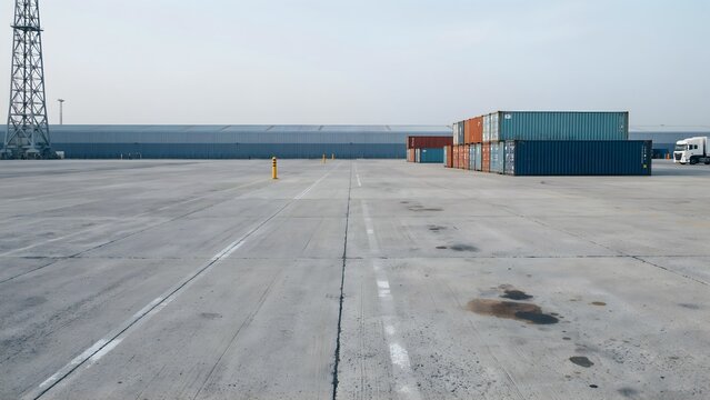 Empty Shipping Container Yard with Stacked Containers and Clear Sky
