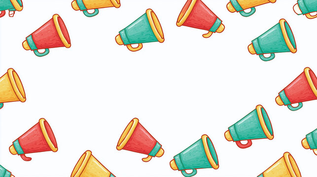 Colorful megaphones pattern on a clean white background.