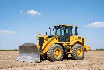 Fototapeta premium Infrastructure development and construction industry, yellow bulldozer on a rural field for land clearing and earthmoving project under a blue sky