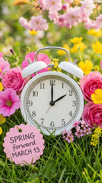 Spring flowers surrounding an analog clock with daylight saving time reminder