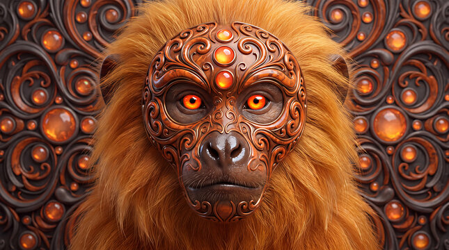 A golden-furred primate in an ornate metallic mask with glowing amber stones and orange eyes against a matching decorative swirl background