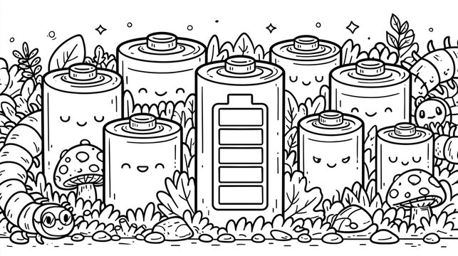 Cute cartoon batteries surrounded by plants and whimsical creatures.