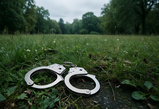 Criminal justice and law enforcement concept metal handcuffs lying on green grass in a park as arrest detention and legal consequences