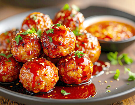 Sweet and spicy honey and sriracha meatballs. AI