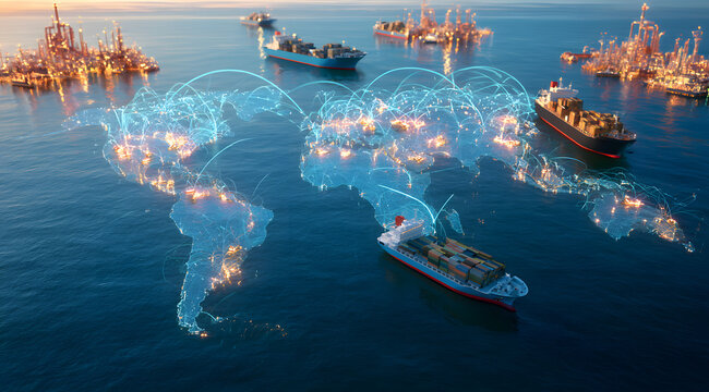 The global logistics network displays shipping containers in the shape of a world map floating on a blue ocean. Massive cargo vessels and industrial plants link continents via maritime trade. Automate