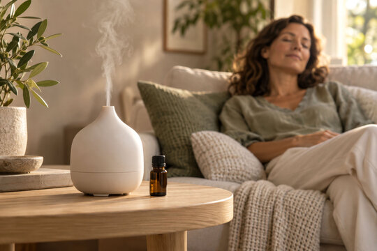 Aromatherapy Diffuser and Essential Oil Bottle with Woman Relaxing on Sofa at Home