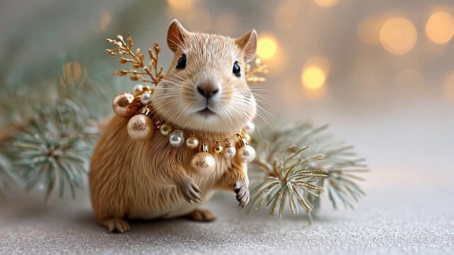 ?Charming hamster decorates holiday tree with golden ornaments amid twinkling lights