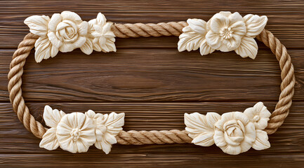 Obraz premium A rustic rope frame adorned with carved wooden flowers on pine planks, complemented by a vintage floral border. Nautical-inspired element for carpentry