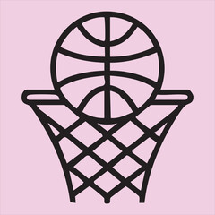 Basketball ball going through hoop and net icon, scoring point and slam dunk symbol, sport game vector illustration. Basketball net and ball vector icon, streetball club logo © EPSCrafts