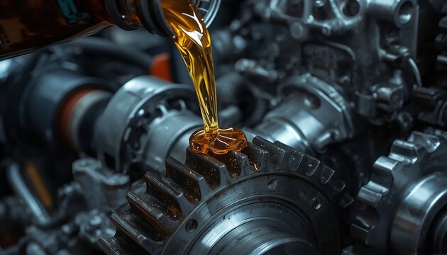 Fresh golden motor oil pouring smoothly over complex steel gears inside a mechanical car engine block for optimal friction reduction