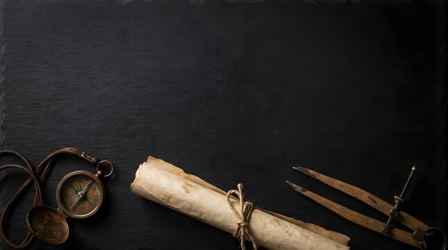 Vintage parchment scroll with antique compass and drafting tools on a dark textured slate background