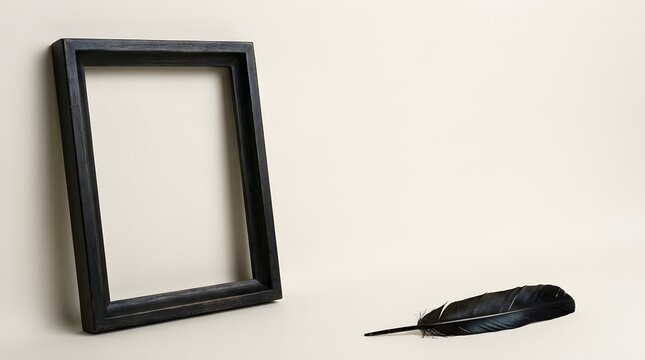 Empty black wooden picture frame standing next to a single black feather on a neutral beige background