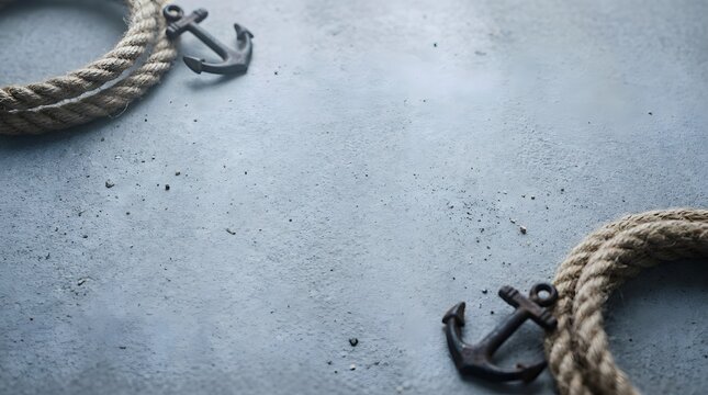 Small metal anchors and coiled nautical rope on a textured grey concrete background with copy space