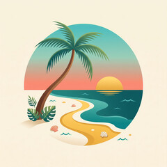 Fototapeta premium Tropical Beach Sunset with Palm Tree Circular Illustration