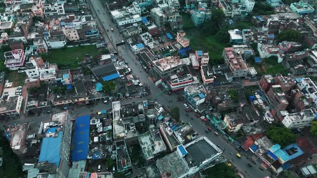 Modern Architecture in India: 4K Aerial View of the Building and City Skyline at Haze. Top down Buildings and Apartment with Multiple Building aerial.	