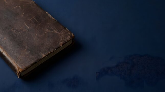 Old weathered leather book resting on a dark blue surface with water droplets and copy space