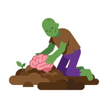 Green zombie planting a human brain in fertile soil