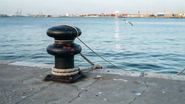 Close-up of steel mooring bollard and rope at harbor dock with water background