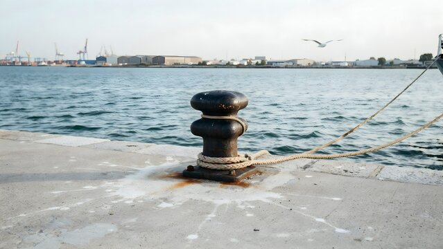 Close-up of Mooring Bollard and Rope at Dock by Waterfront with Cityscape