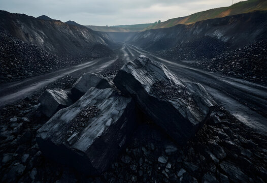 Energy crisis and fossil fuel extraction, coal mining industry with large raw mineral rocks in an open pit mine landscape for industrial power supply