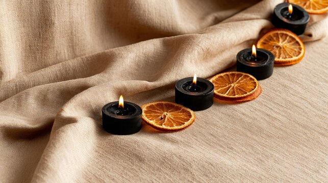 Refined Halloween background using warm beige linen stretched across a tabletop and backdrop, small black candles and dried orange slices forming a narrow decorative border along one side