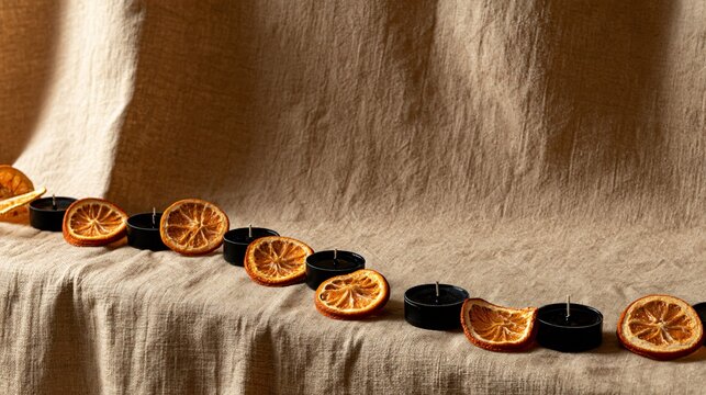 Refined Halloween background using warm beige linen stretched across a tabletop and backdrop, small black candles and dried orange slices forming a narrow decorative border along one side