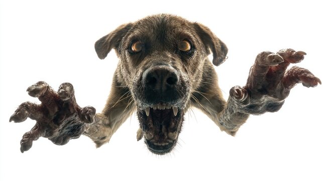 Fierce dog leaping with intensity on white background.