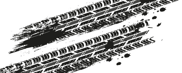 Tire track. Car, bike, motorcycle tyre mark with grunge effect isolated on white background. Wheel footprint on the road. Top view of rubber protector mark © Muhammad