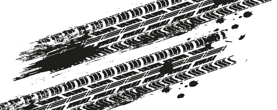 Tire track. Car, bike, motorcycle tyre mark with grunge effect isolated on white background. Wheel footprint on the road. Top view of rubber protector mark