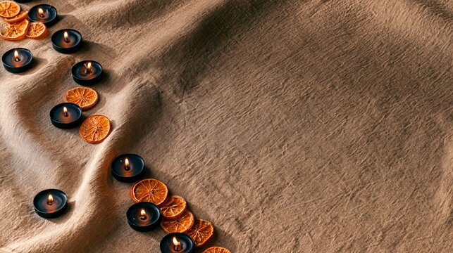 Refined Halloween background using warm beige linen stretched across a tabletop and backdrop, small black candles and dried orange slices forming a narrow decorative border along one side