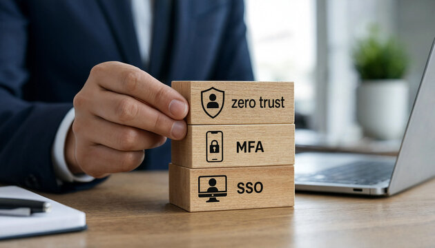 Businessman stacking wooden blocks with cybersecurity icons representing zero trust multi factor authentication and secure remote access concepts