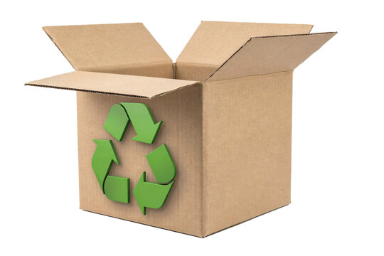 Open brown cardboard shipping box with a green recycling symbol printed on the front side panel isolated on a transparent background