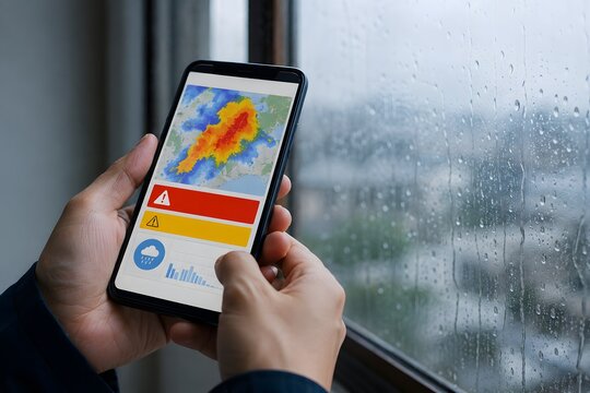 スマートフォンで大雨と洪水情報を確認する手元