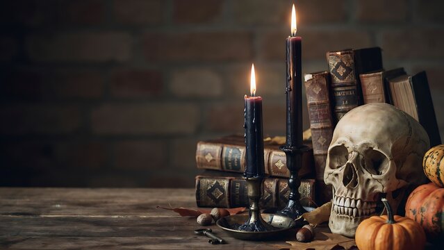 Mystical Halloween still life with human skull burning black candles and vintage old books on wooden table background