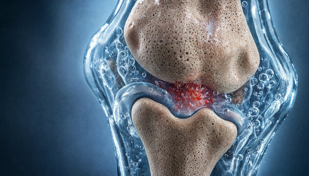 Medical illustration of a human knee joint showing inflammation and cartilage damage in a blue background