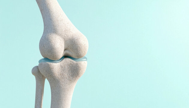 Medical illustration of a human knee joint showing the femur tibia and fibula bones in side view