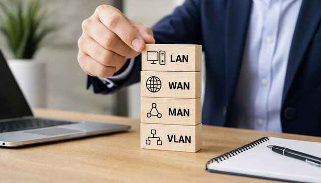 Business person stacking wooden blocks representing different types of computer network technologies like lan wan man and vlan