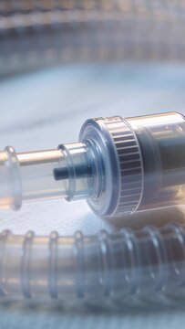 Vertical video: Moving camera examining inline filter on blue sterile pad, revealing pin and tubing